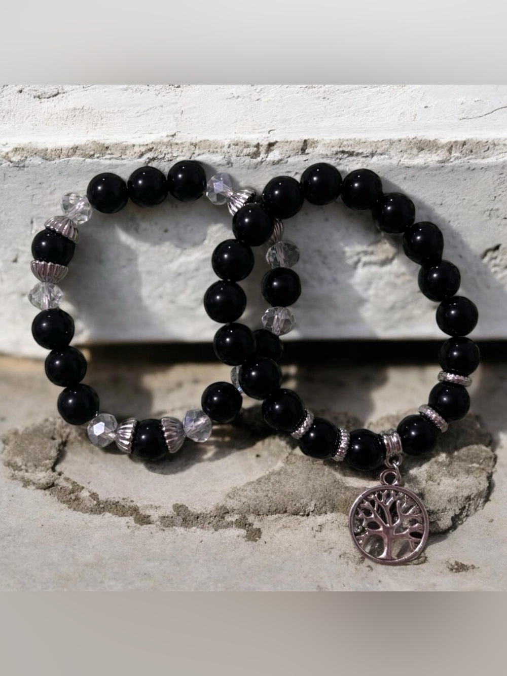 Black Beaded Stretch Bracelet Set with Tree of Life Charm